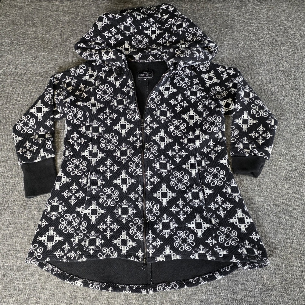 Tonia DeBellis Maggie Coat Womens Black White Jacquard Hooded Zip Jacket